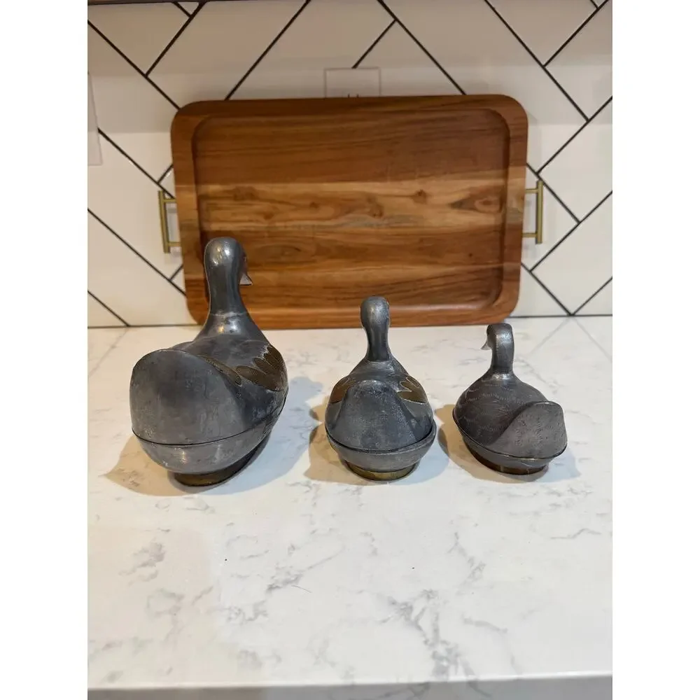 vintage pewter brass duck trinket boxes made in Hong Kong cabin rustic MCM